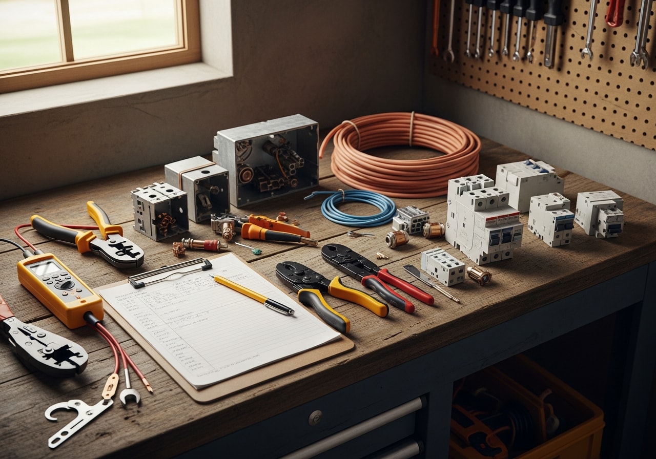 Electrical contractor tools and equipment arranged on work surface, representing residential and commercial service capabilities.