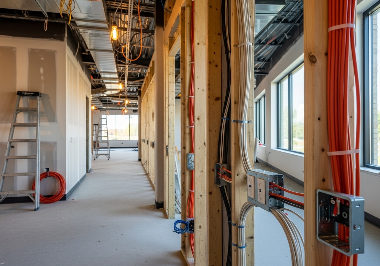 Commercial office space electrical rough-in with circuits, outlets, and lighting infrastructure