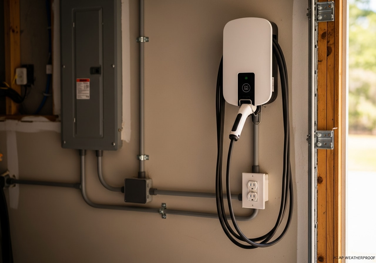 Level 2 EV charger mounted in residential garage with dedicated circuit installation