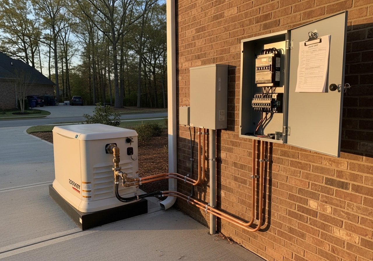 Standby generator installation with transfer switch and subpanel connections for home backup power