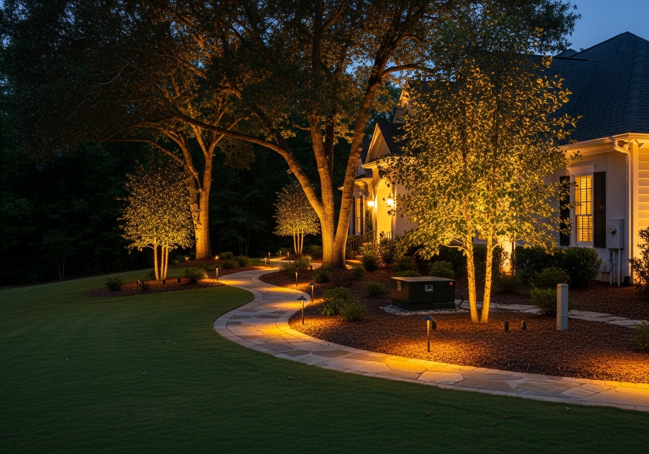 Landscape lighting installation with pathway lights and tree uplighting on residential property