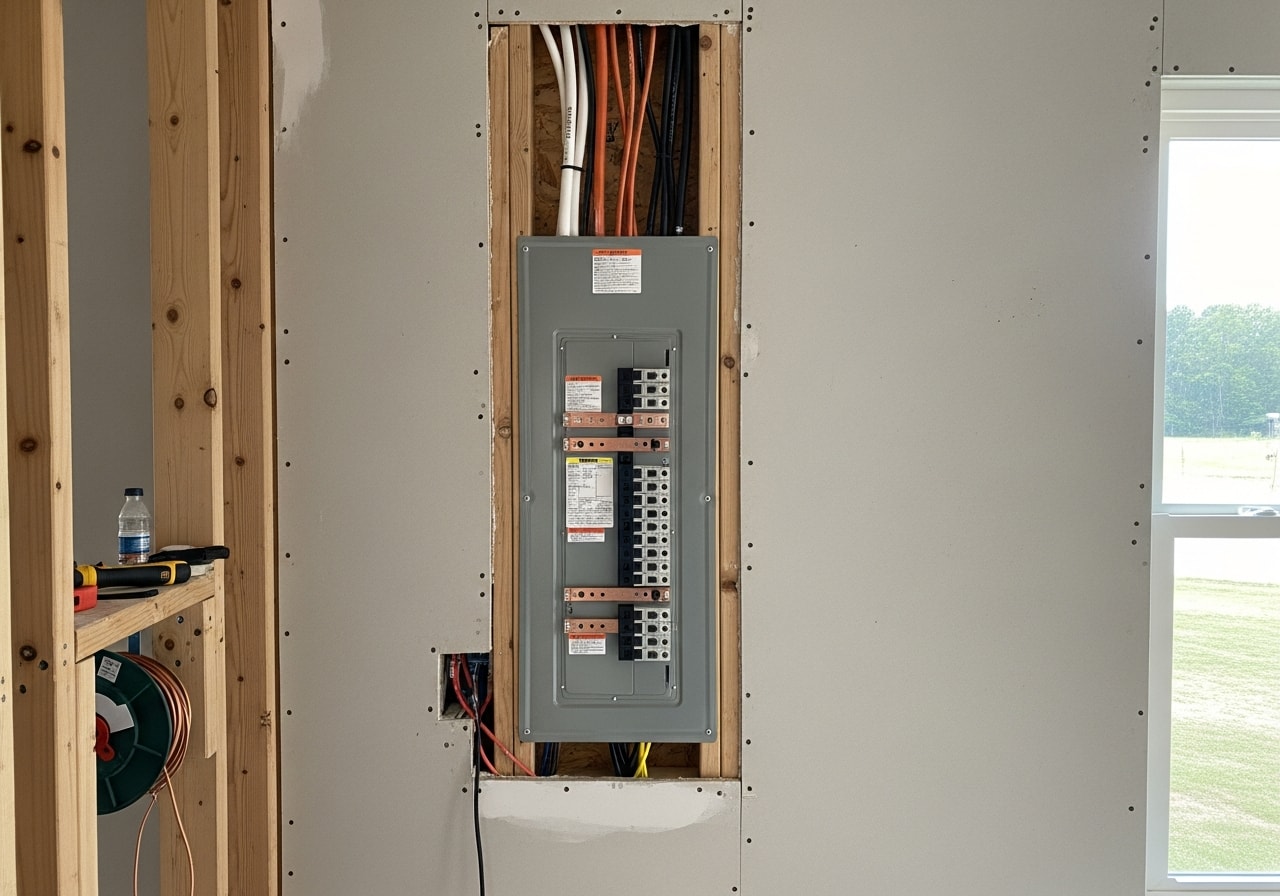 New 200-amp electrical panel installation in Newnan home with breakers and grounding connections visible