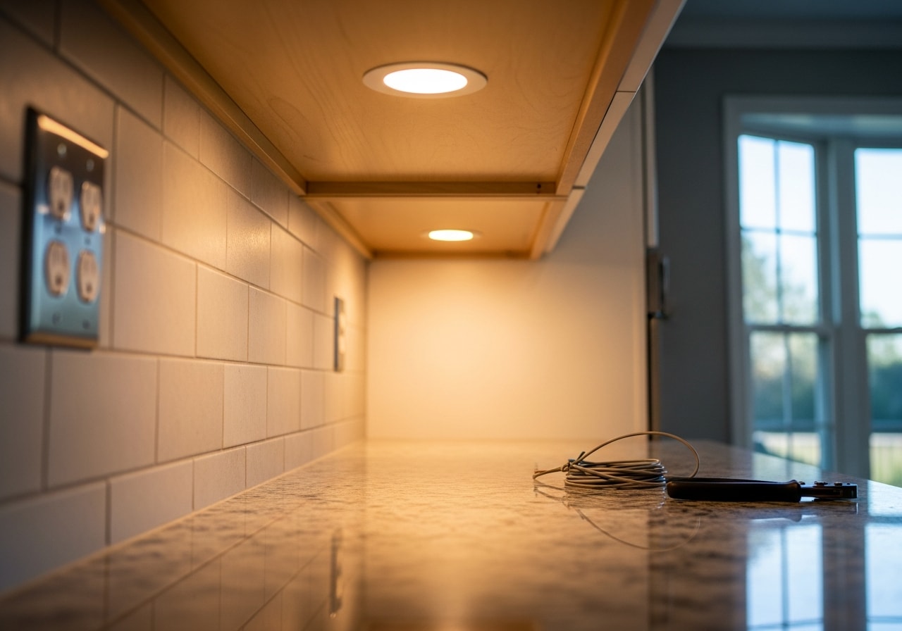 Recessed LED lighting fixtures installed in modern kitchen ceiling with dimmer controls