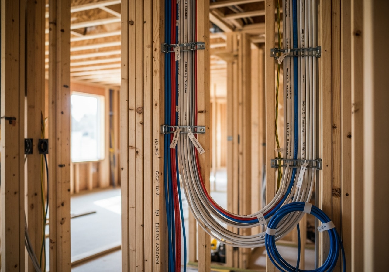 Smart home wiring infrastructure installed in new construction home with structured cabling and control conduit