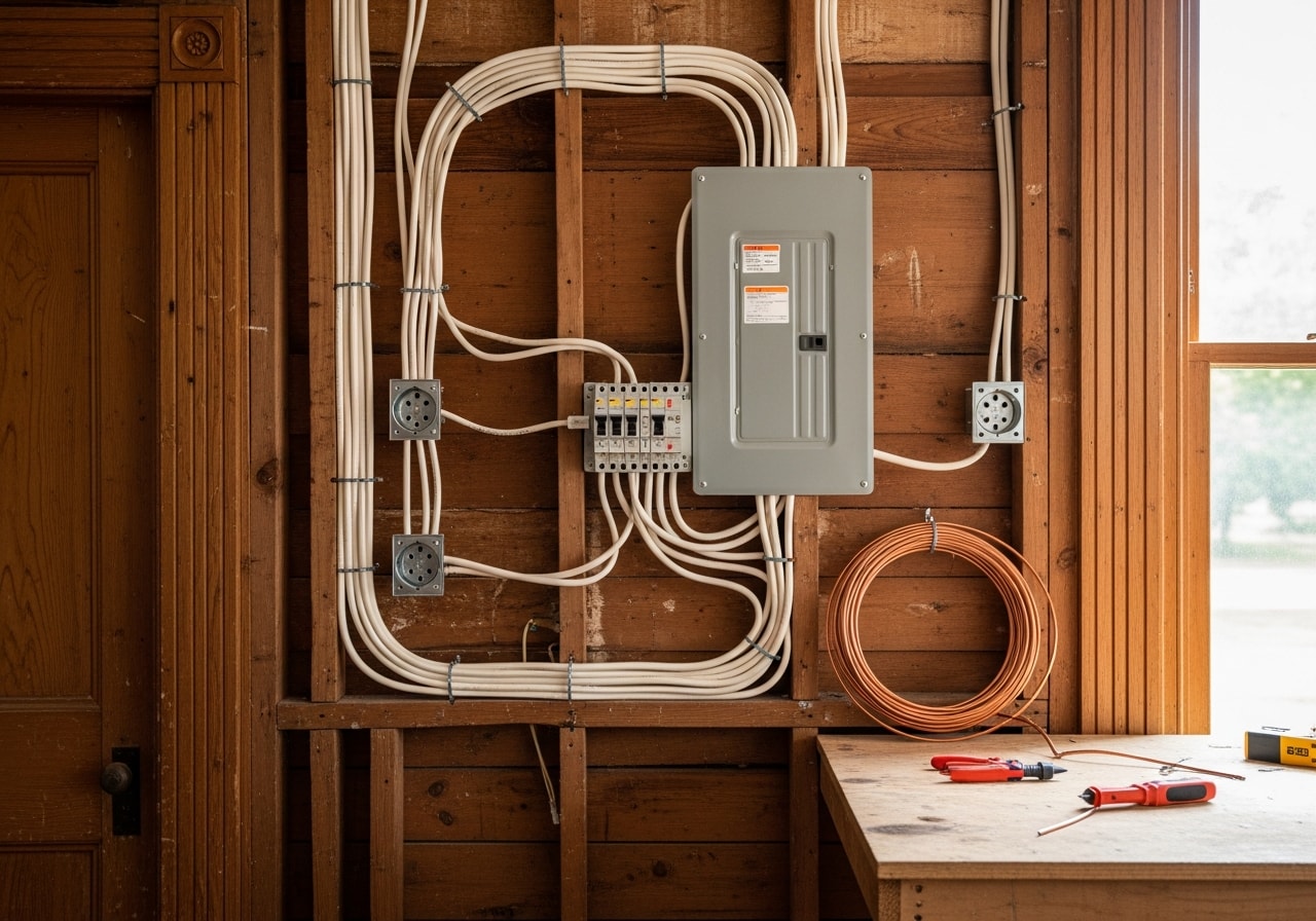 Whole home electrical rewiring project in historic Coweta County residence with new panel and wiring