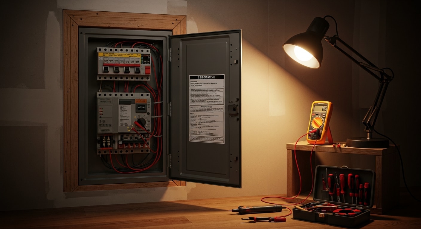 A licensed electrician inspecting an open residential breaker panel inside a Coweta County home, with individual circuit breakers visible and a handheld tester in use. The panel box shows multiple circuits labeled for rooms throughout the house.