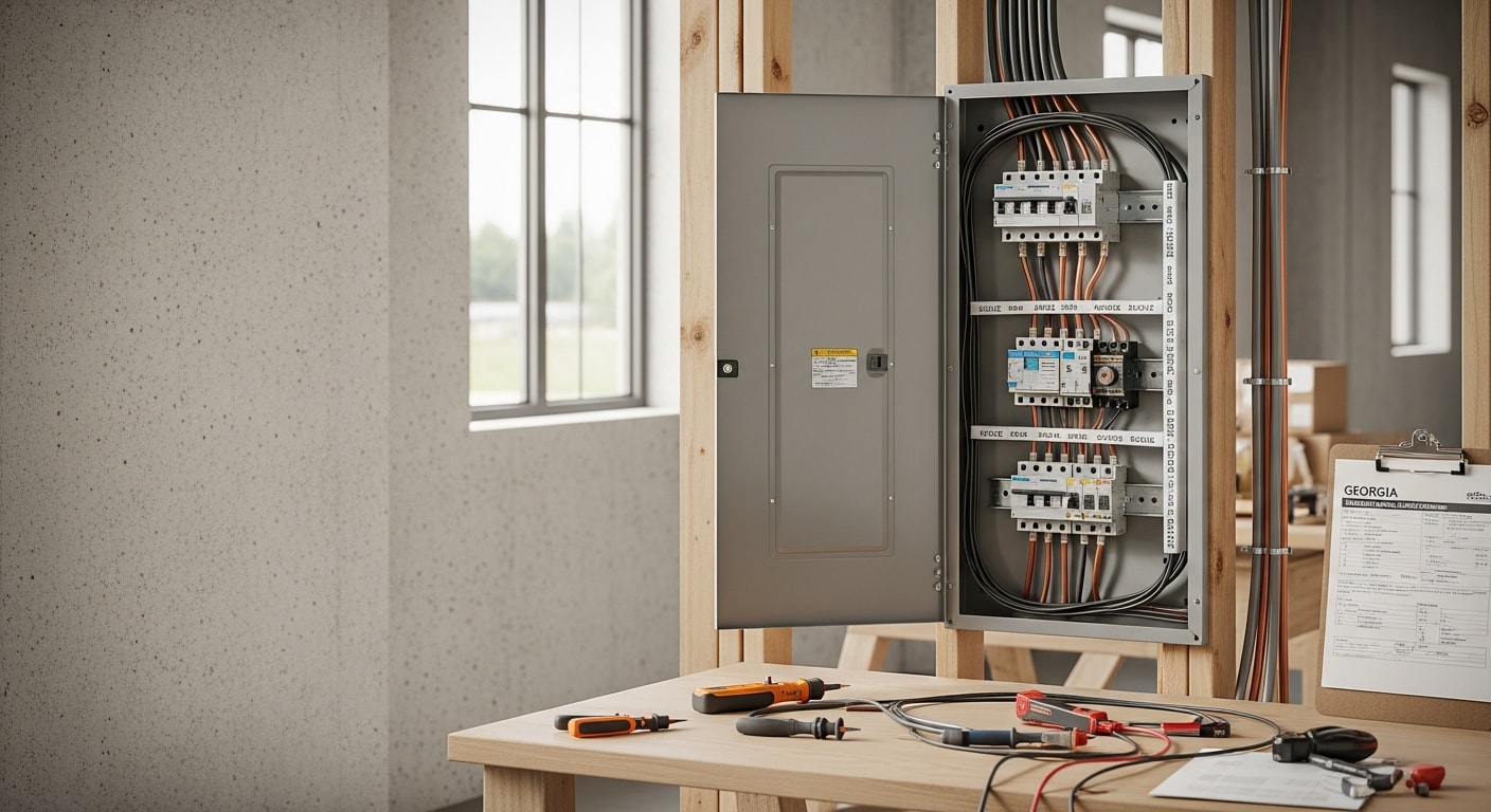 A licensed electrician installing a commercial electrical panel inside a warehouse facility in Coweta County, Georgia. Conduit runs and circuit breakers are visible in a new construction buildout.