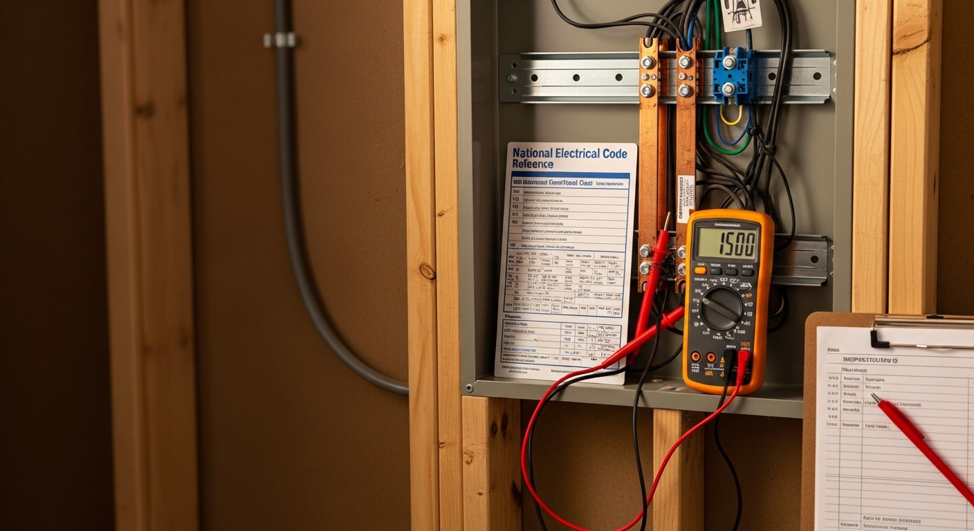 A licensed electrician inspecting a residential electrical panel inside a Coweta County home, checking circuit breakers and wiring connections for code compliance. The panel cover is removed and the electrician is using a testing tool to evaluate each circuit.