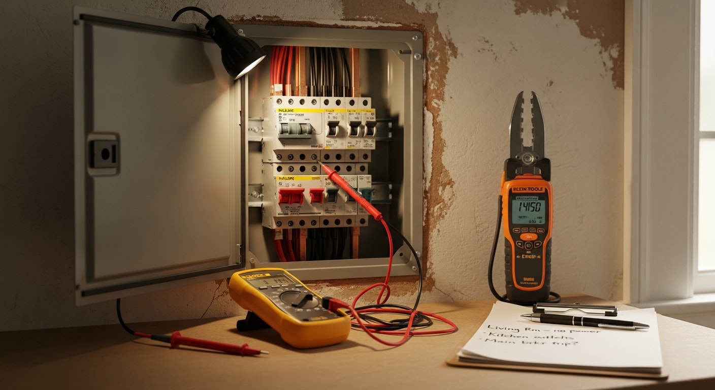 A licensed electrician from UR Power Source LLC testing a residential electrical panel inside a Coweta County, GA home. The panel cover is open and the electrician is using a diagnostic meter to check circuit connections.