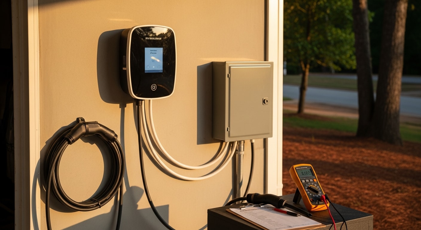 A Level 2 EV charger mounted on the interior wall of a residential garage in Coweta County, Georgia, with a clean wiring run to a dedicated 240V circuit. An electric vehicle is plugged in and charging inside the single-car garage of a single-family home.