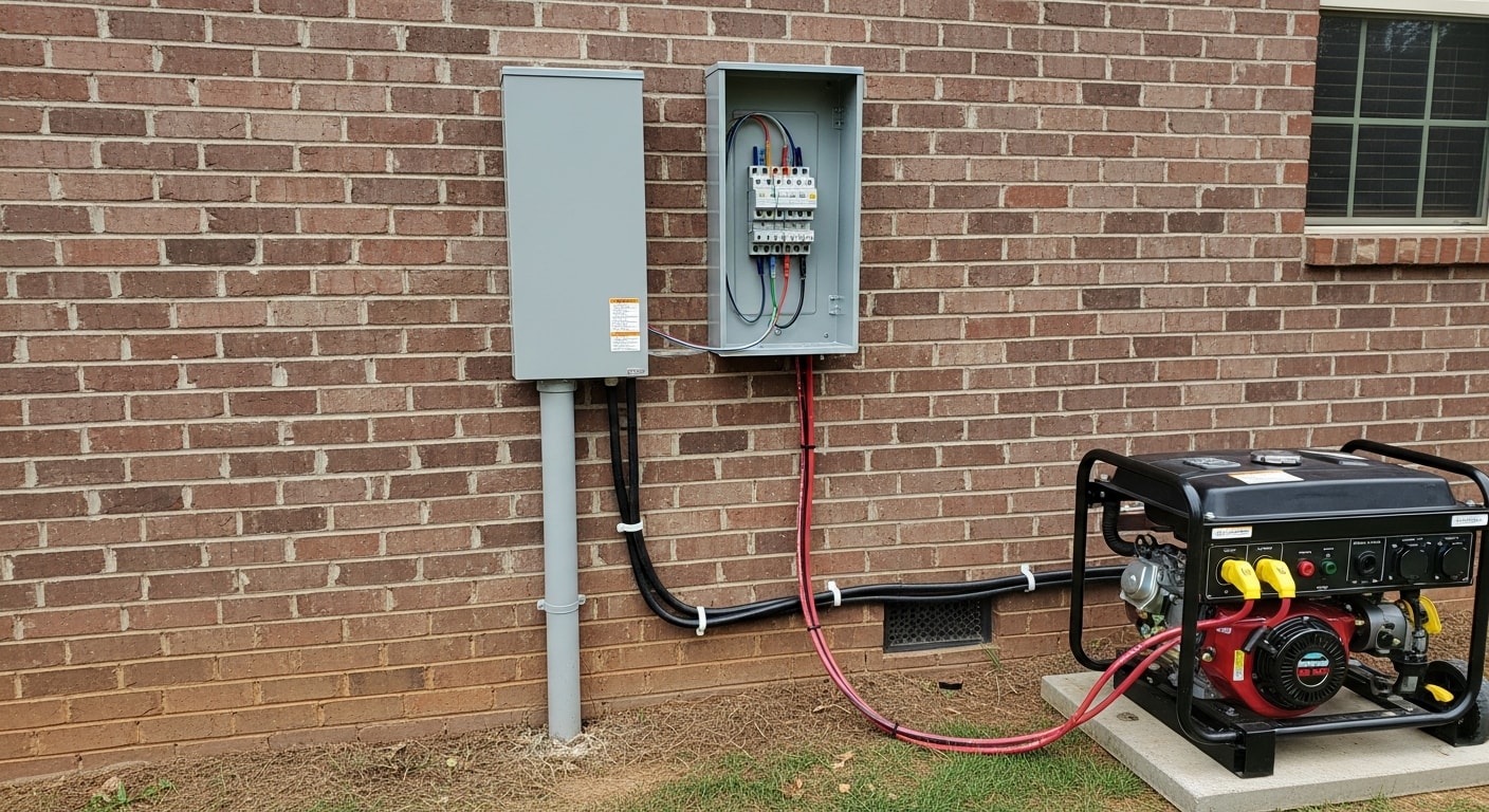 A licensed electrician installing a transfer switch and generator hookup on the exterior electrical panel of a residential home in Coweta County, Georgia. The generator sits on a concrete pad beside the house with wiring connected to the main panel.