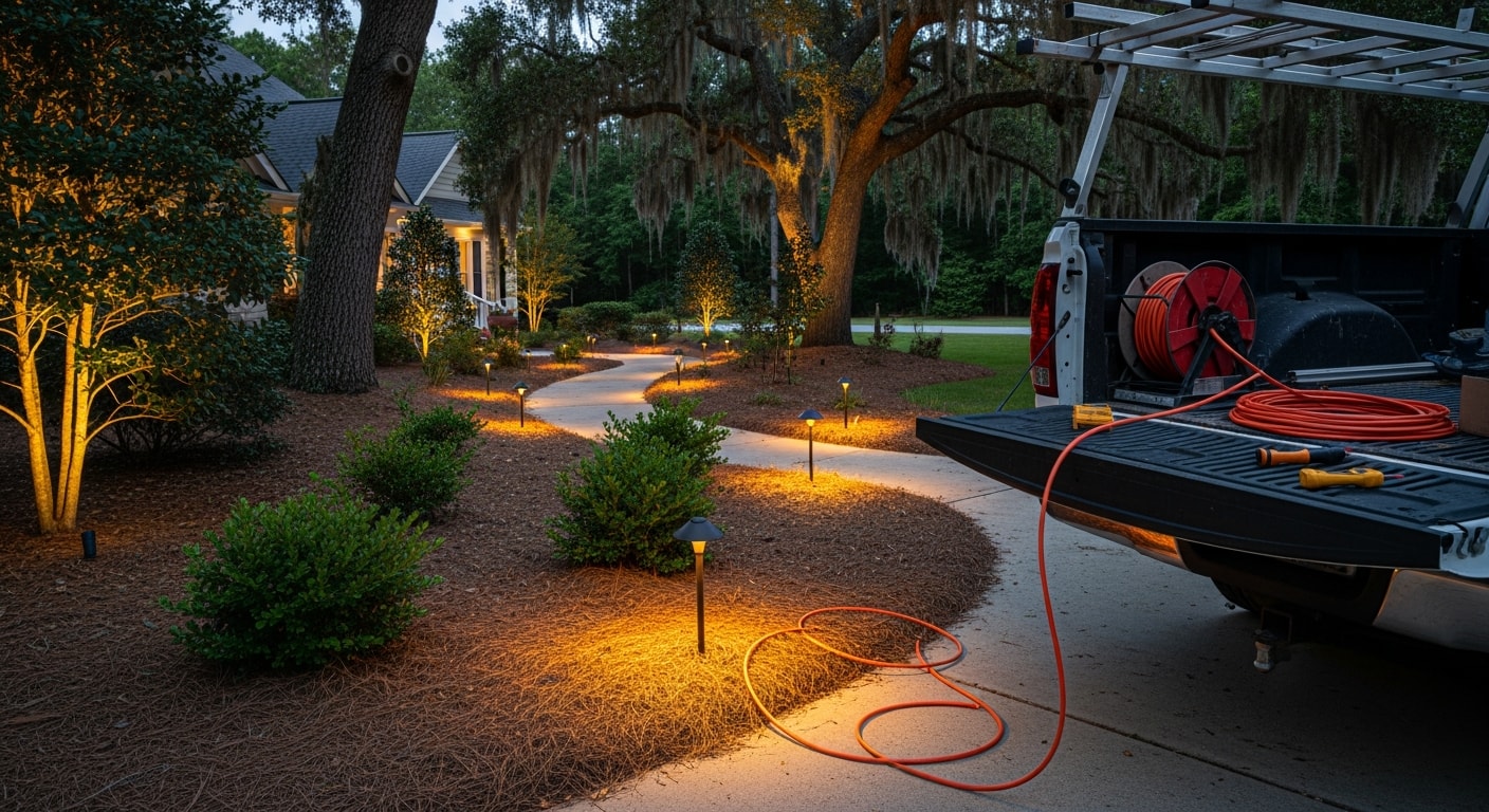 Low-voltage landscape lighting installed along a residential front walkway and garden bed at a Coweta County, GA home at night. Uplights illuminate mature trees near the driveway while path lights guide the way to the front entrance.