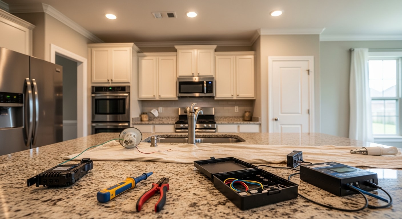 A Coweta County home interior showing newly installed LED recessed lighting in a living room with bright, even illumination across the ceiling. An exterior view of the same property shows updated LED security lights mounted above the garage on a Georgia residential street.