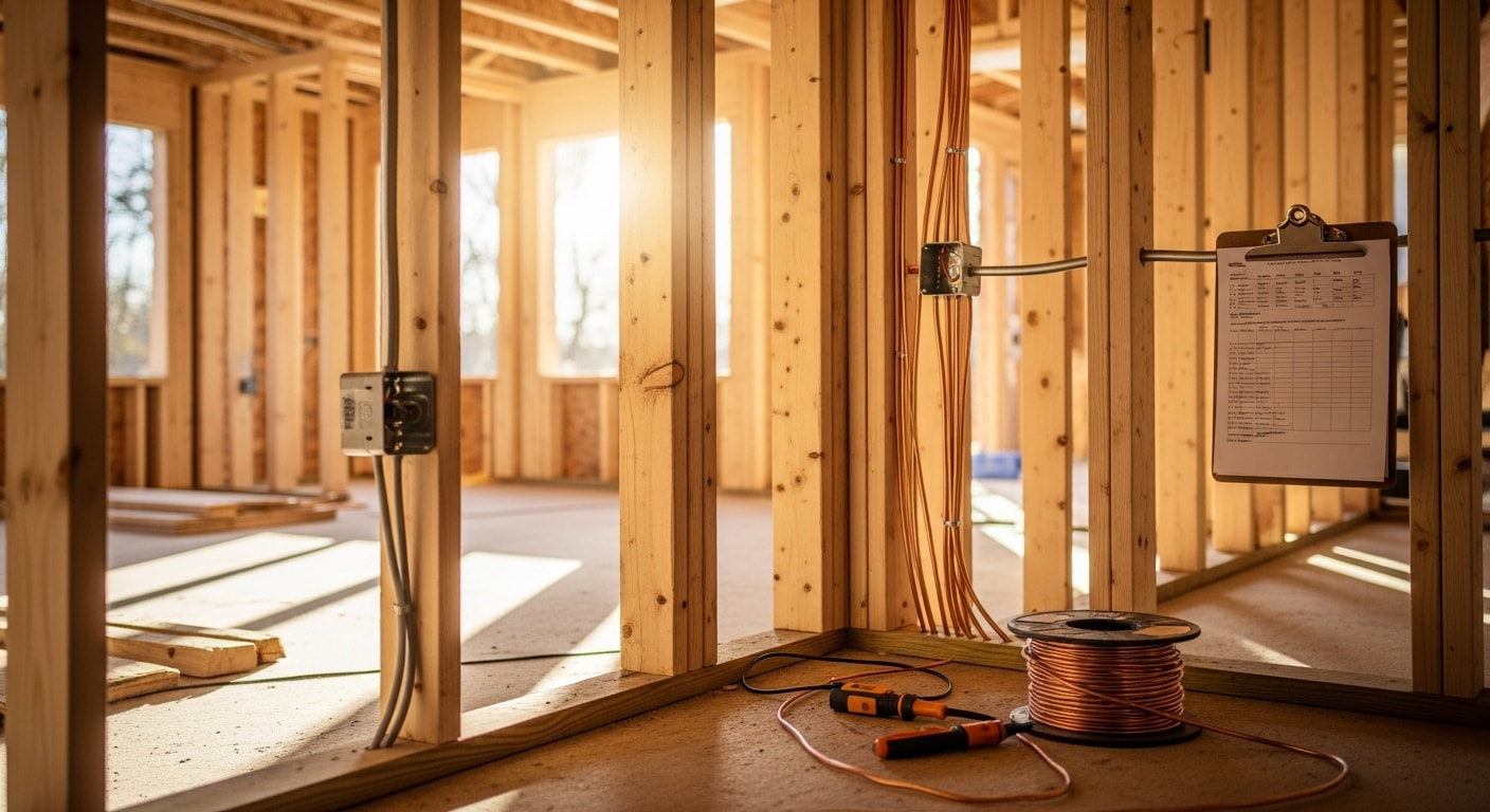 Electrical rough-in wiring running through open wood framing on a new construction home in Coweta County, Georgia. Copper wire and junction boxes are positioned in wall cavities before drywall installation.