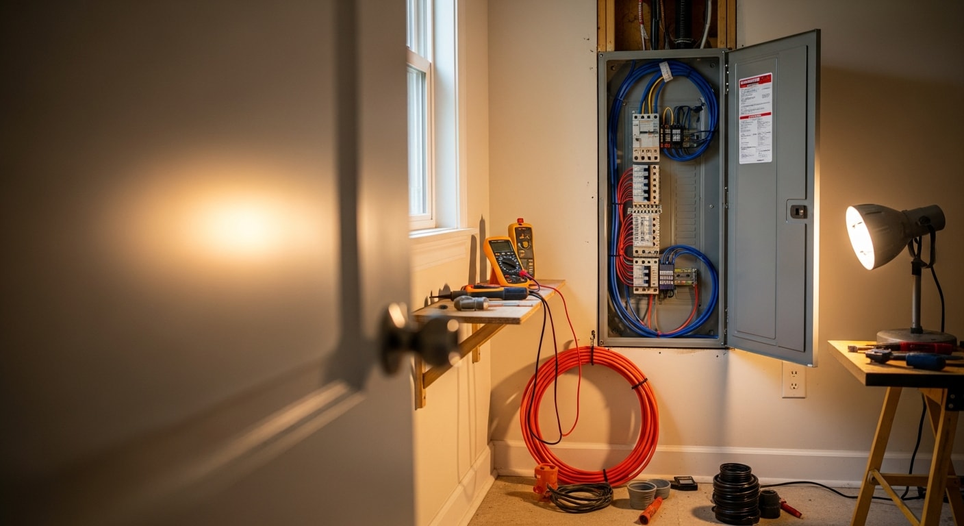A licensed electrician installs a new 200-amp electrical panel inside a residential home in Coweta County, Georgia. The panel box is open, showing neatly organized copper circuit breakers and labeled wiring runs.