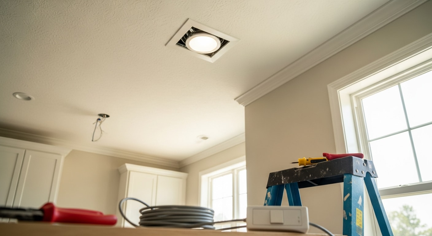 Newly installed recessed LED ceiling lights in a residential living room in Coweta County, Georgia, with fixtures evenly spaced and flush with a white ceiling. The room shows clean, focused downlighting across the floor and walls with no hanging fixtures visible.