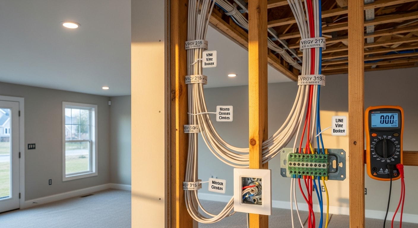A licensed electrician from UR Power Source LLC running low-voltage smart home wiring through an interior wall in a Coweta County, Georgia residential home. Neatly bundled cables are visible leading to a smart switch rough-in box in a newly framed room.