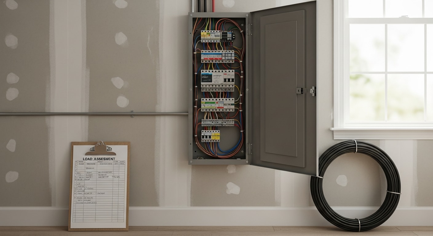 A newly installed residential subpanel with labeled copper circuits mounted on an interior wall in a Coweta County, Georgia home. The panel box is open showing organized wiring connected to a row of circuit breakers.