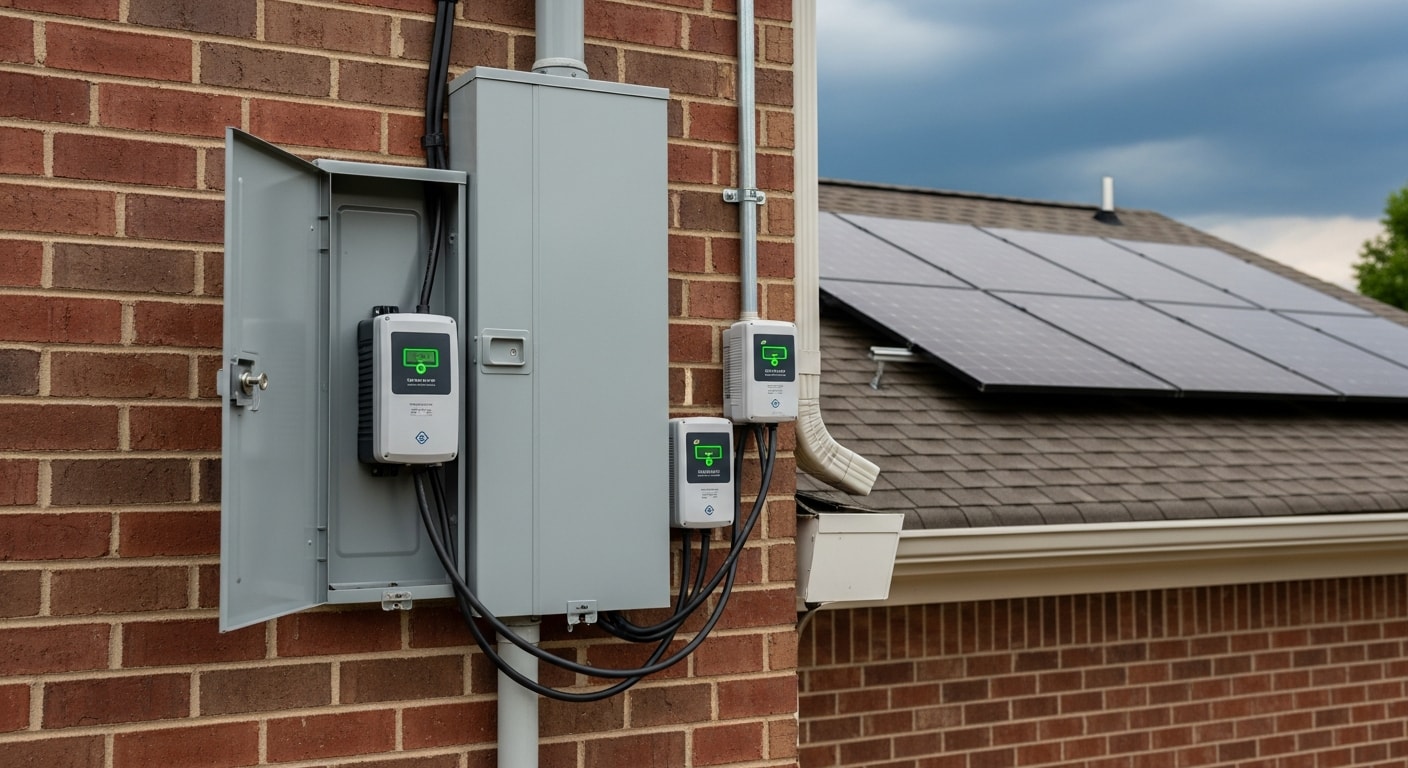 A surge protection device installed at a residential electrical panel inside a Coweta County, Georgia home with a solar energy system. The panel shows both the main service connections and the dedicated surge protection module wired into the breaker slots.