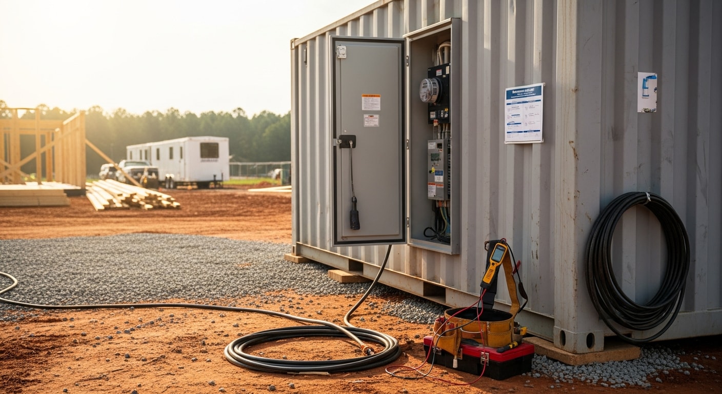 A weatherproof temp power container unit positioned on a flat construction site in Coweta County, Georgia, with a distribution panel visible and power cables running to nearby job site equipment. The unit sits on open grade next to an active residential build in progress.