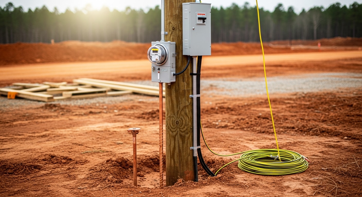 A temporary power pole with a meter base and breaker panel installed at a residential construction site in Coweta County, Georgia. The pole is set in open ground with framed walls visible in the background.