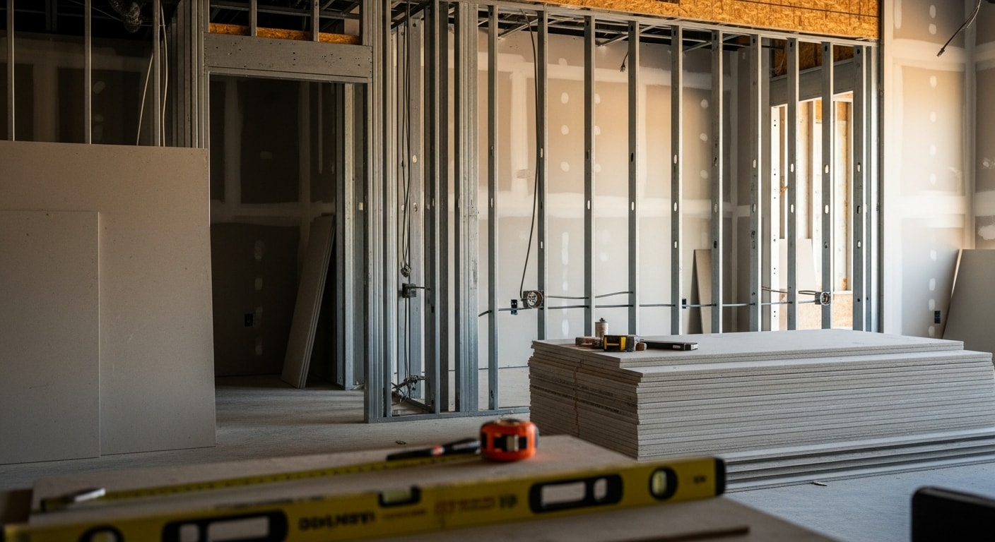 Finished commercial tenant build-out interior in a Coweta County, Georgia retail or office space, showing framed walls, installed ceiling grid, and completed flooring ready for occupancy. General contractor completed build-out with clean finish work throughout the commercial unit.