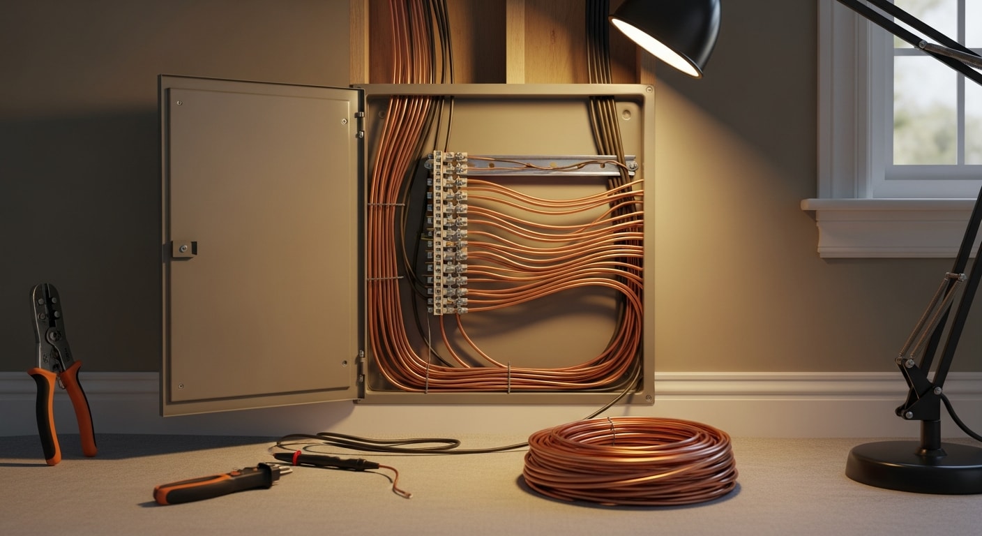 A licensed electrician running new copper wiring through an open wall cavity inside a Coweta County home during a whole home rewiring project. Freshly installed outlets and labeled circuit breakers are visible in the background.
